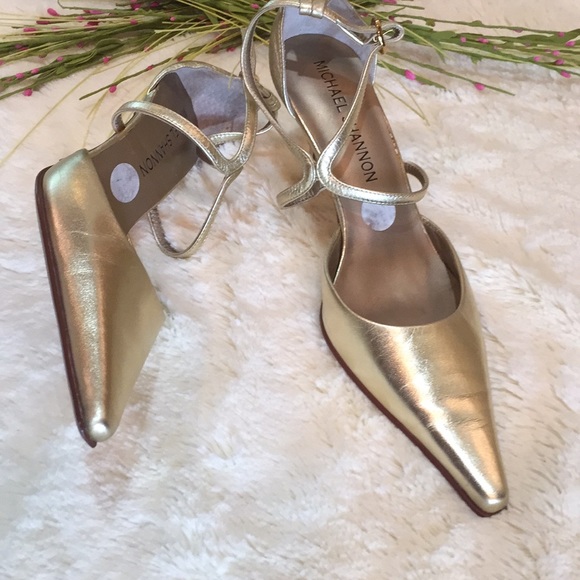 MICHAEL SHANNON gold Strap Heel Pointy Toe SEXY - Picture 1 of 8